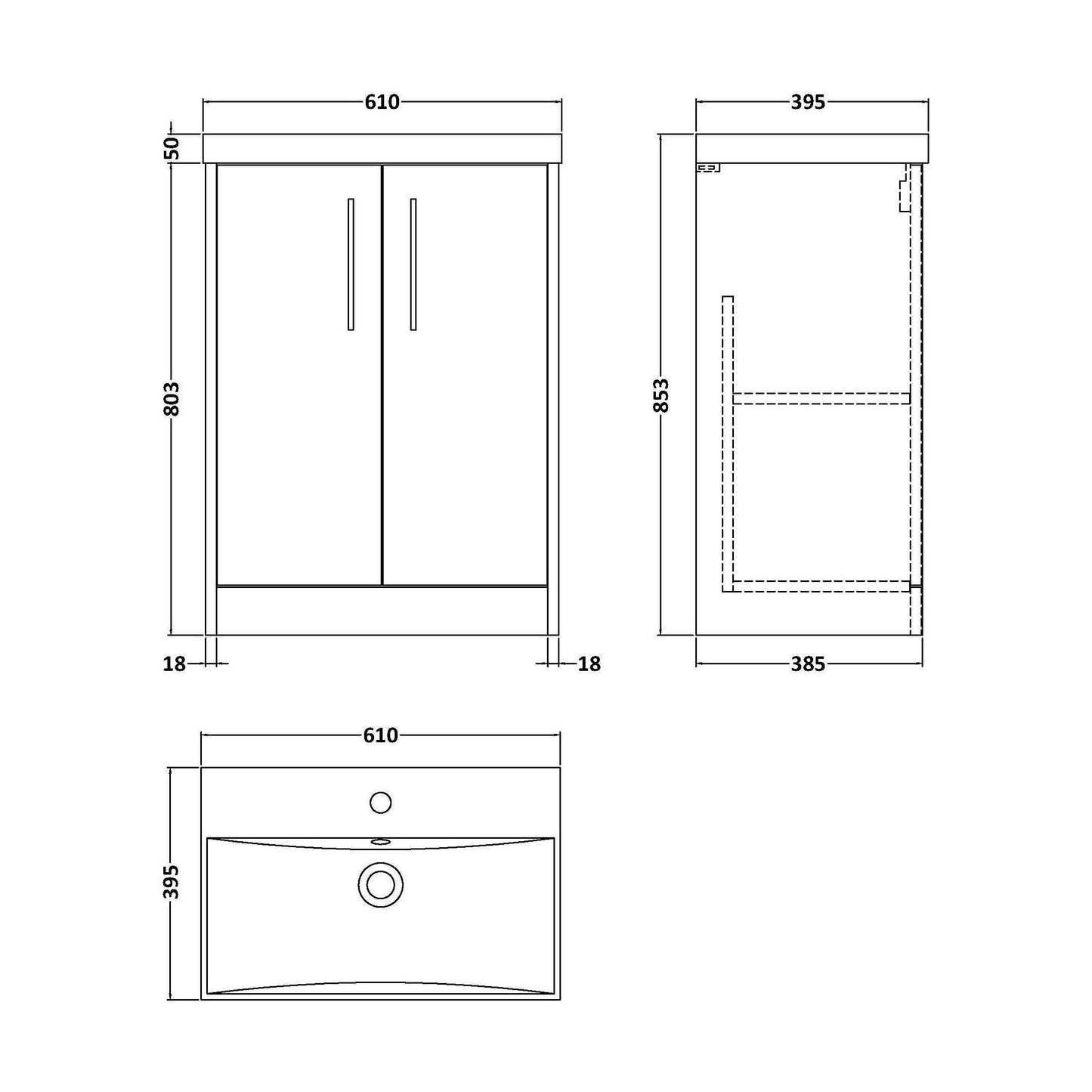 [BFPF2303D] Winshill Contemporary 2 Door Floor Standing Vanity Unit with Thin Edge Basin, Grey, 600mm - Technical Drawing