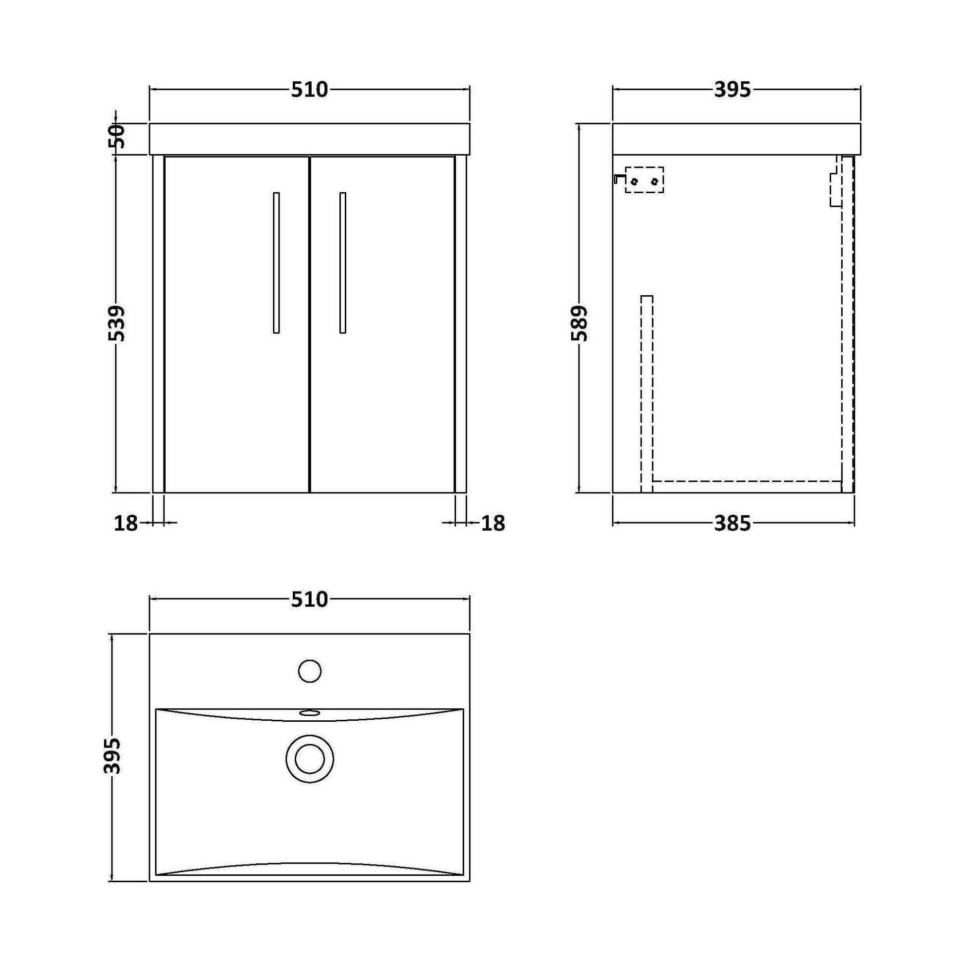 [BFPF2321D] Winshill Contemporary 2 Door Wall Hung Vanity Unit with Thin Edge Basin, Grey, 500mm - Technical Drawing