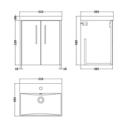 [BFPF2321D] Winshill Contemporary 2 Door Wall Hung Vanity Unit with Thin Edge Basin, Grey, 500mm - Technical Drawing
