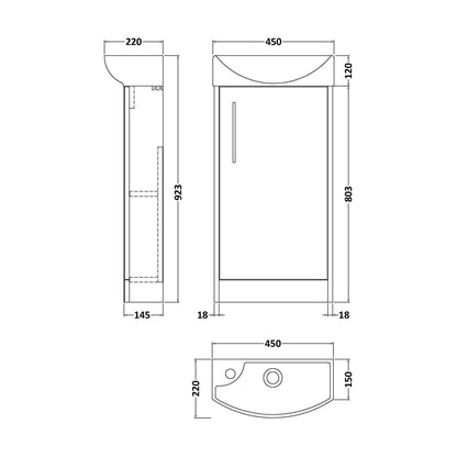 [BFPF2321R] Winshill Contemporary 1 Door Right-Hand Floor Standing Cloakroom Vanity Unit with Basin, Grey, 440mm - Technical Drawing