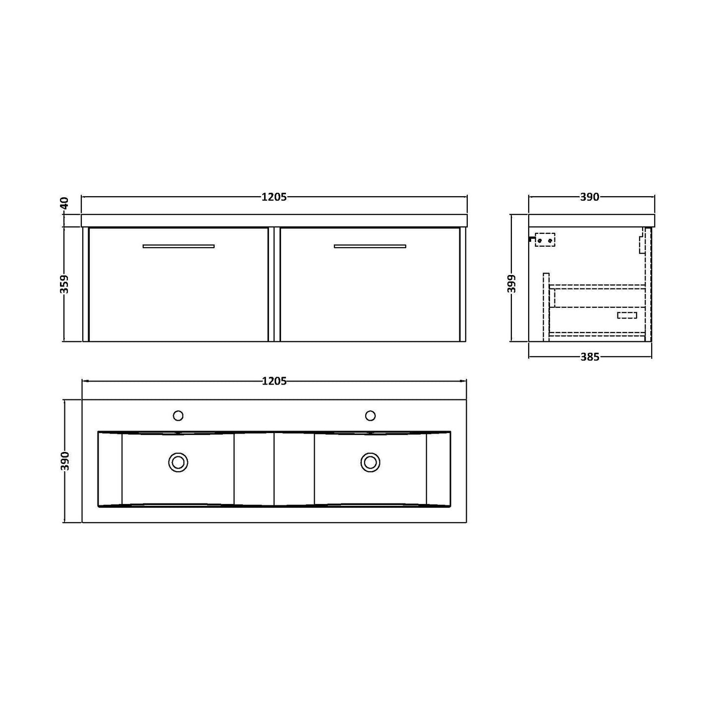 [BFPF2322F] Winshill Contemporary 2 Drawer Wall Hung Vanity Unit with Double Basin, Grey, 1200mm - Technical Drawing
