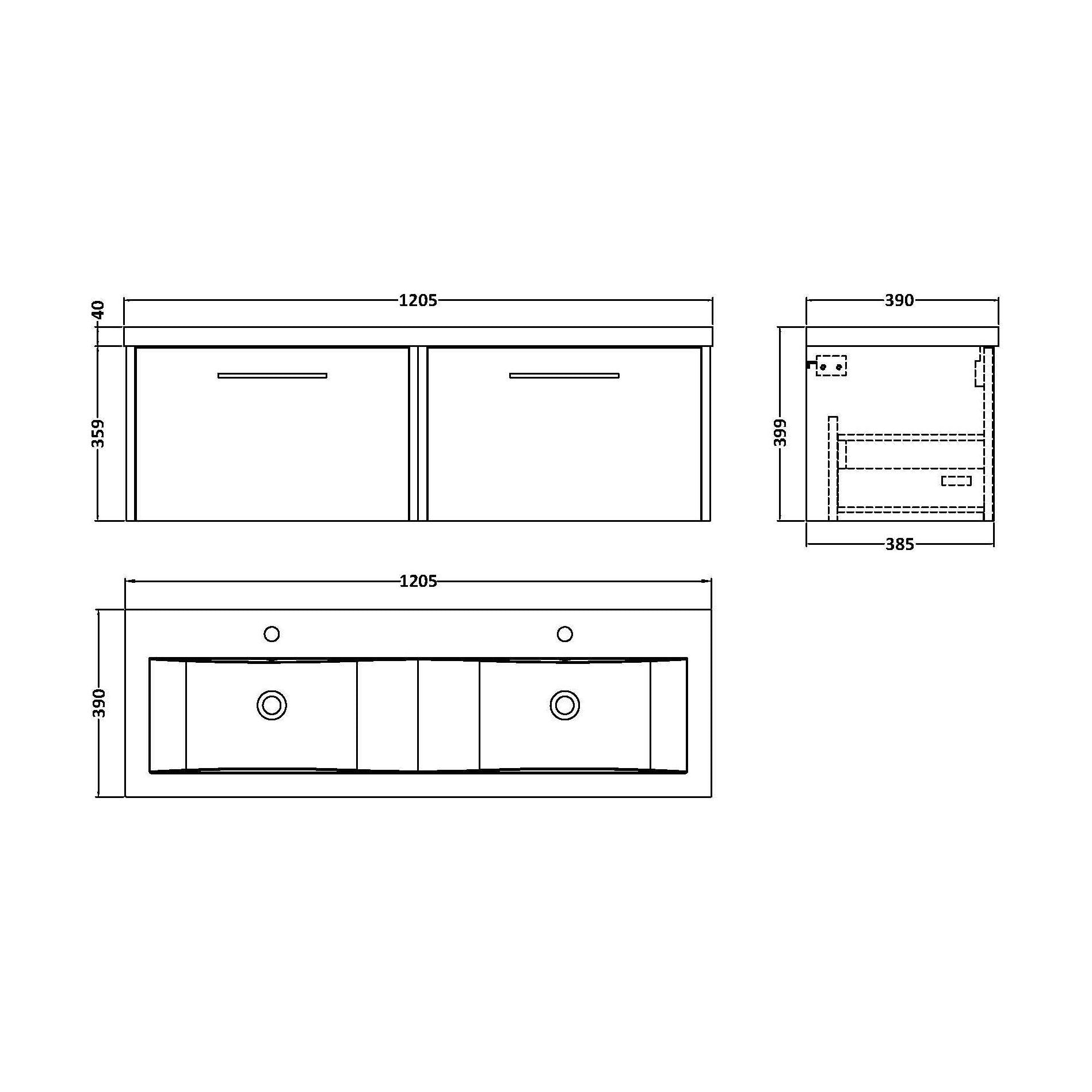 [BFPF2322F] Winshill Contemporary 2 Drawer Wall Hung Vanity Unit with Double Basin, Grey, 1200mm - Technical Drawing