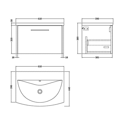 [BFPF2322G] Winshill Contemporary 1 Drawer Wall Hung Vanity Unit with Curved Basin, Grey, 600mm - Technical Drawing
