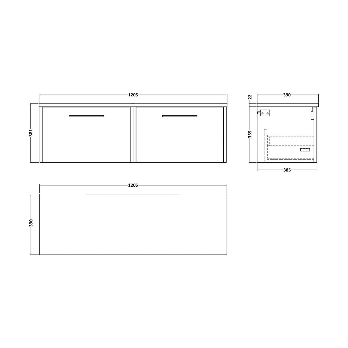 [BFPF2322LBG2] Winshill Contemporary 2 Drawer Wall Hung Vanity Unit with Laminate Worktop, Grey, 1200mm - Technical Drawing