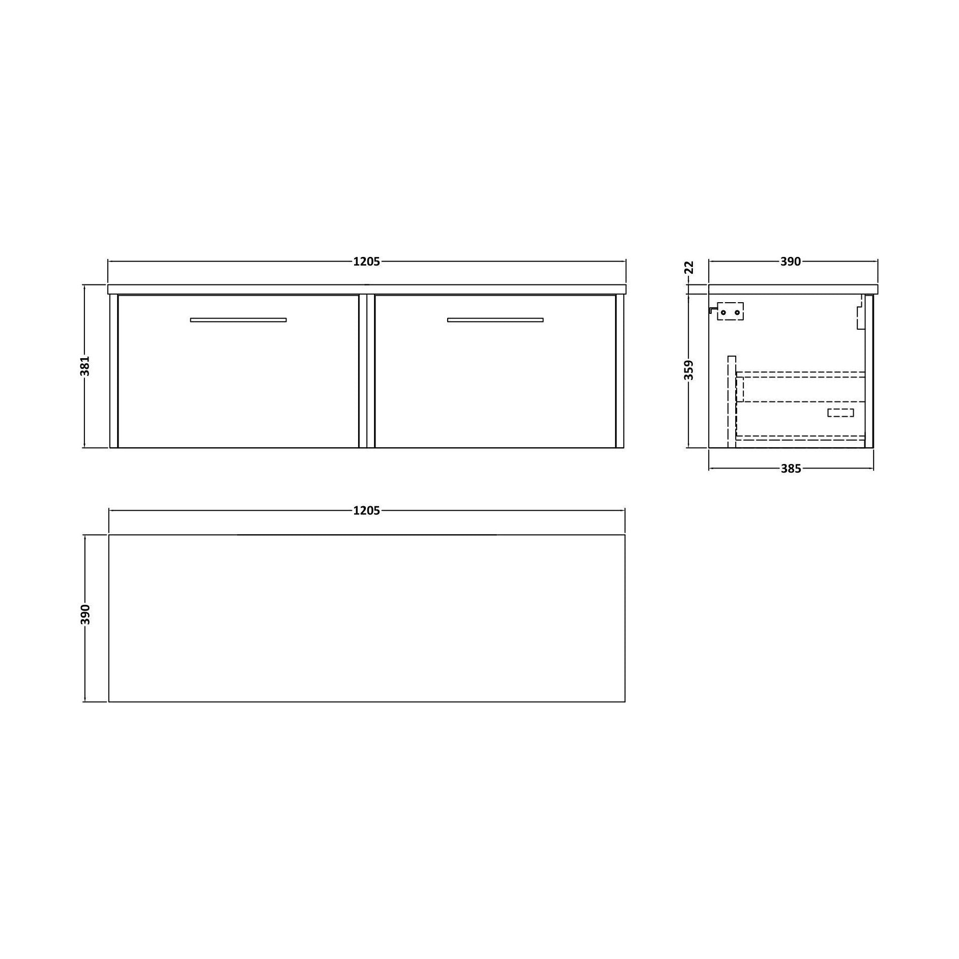 [BFPF2322LCM2] Winshill Contemporary 2 Drawer Wall Hung Vanity Unit with Laminate Worktop, Grey, 1200mm - Technical Drawing