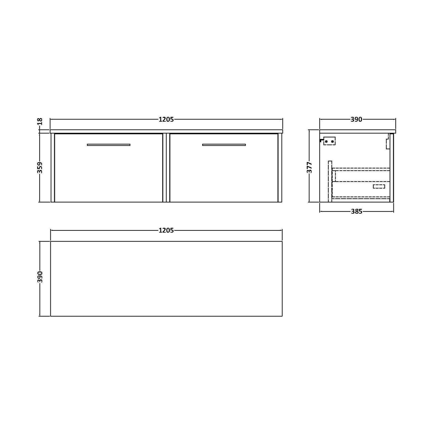 [BFPF2322W2] Winshill Contemporary 2 Drawer Wall Hung Vanity Unit with Worktop, Grey, 1200mm - Technical Drawing