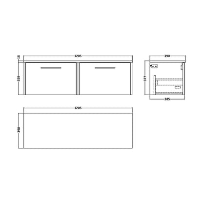 [BFPF2322W2] Winshill Contemporary 2 Drawer Wall Hung Vanity Unit with Worktop, Grey, 1200mm - Technical Drawing