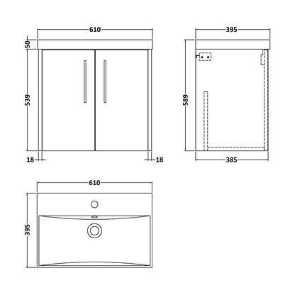 [BFPF2323D] Winshill Contemporary 2 Door Wall Hung Vanity Unit with Thin Edge Basin, Grey, 600mm - Technical Drawing