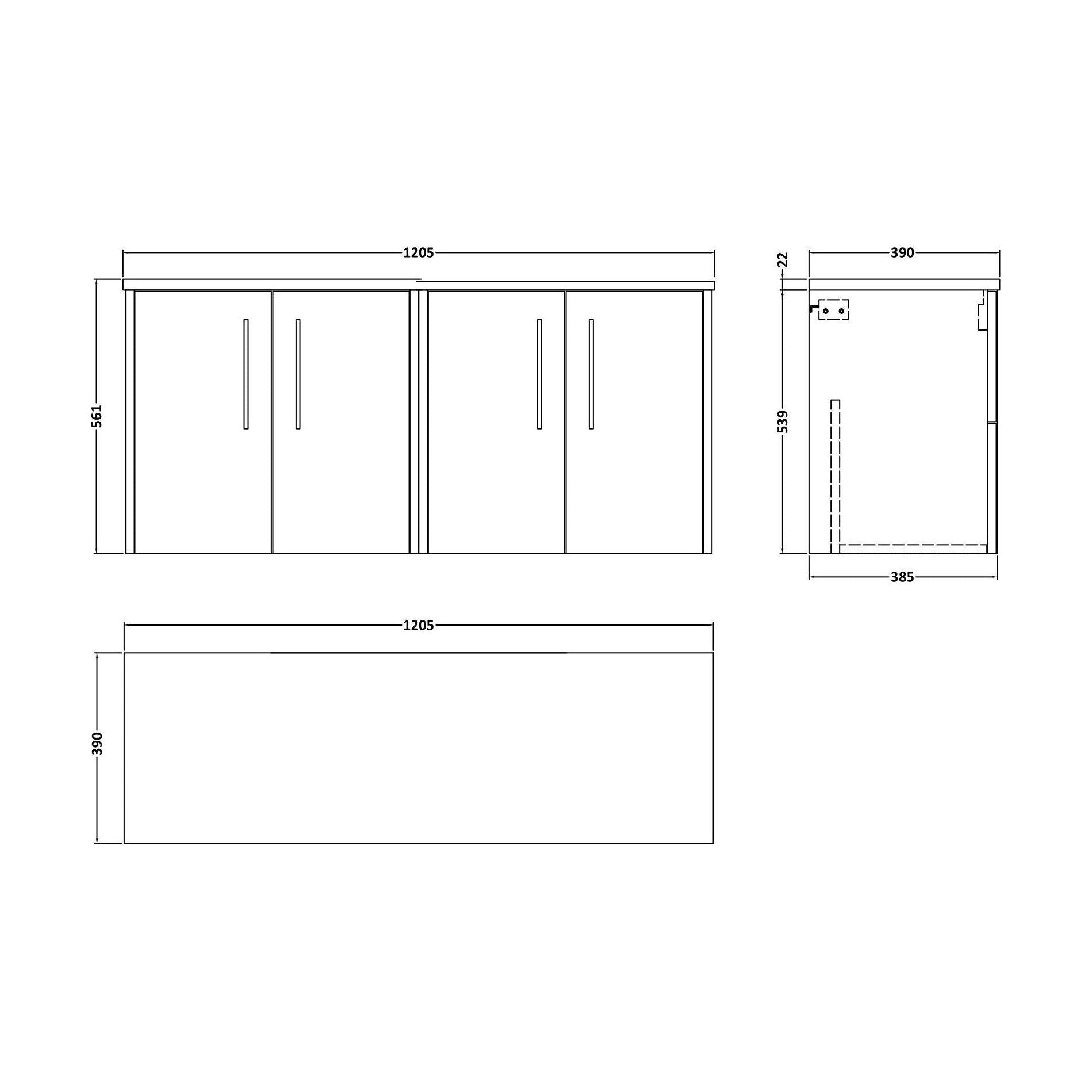 [BFPF2323LBG2] Winshill Contemporary 2 Door Wall Hung Vanity Unit with Laminate Worktop, Grey, 1200mm - Technical Drawing