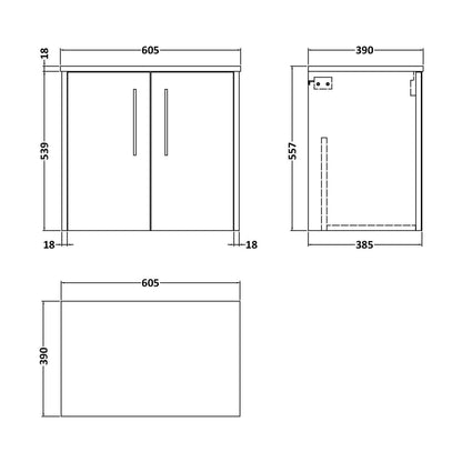 [BFPF2323W] Winshill Contemporary 2 Door Wall Hung Vanity Unit with Worktop, Grey, 600mm - Technical Drawing