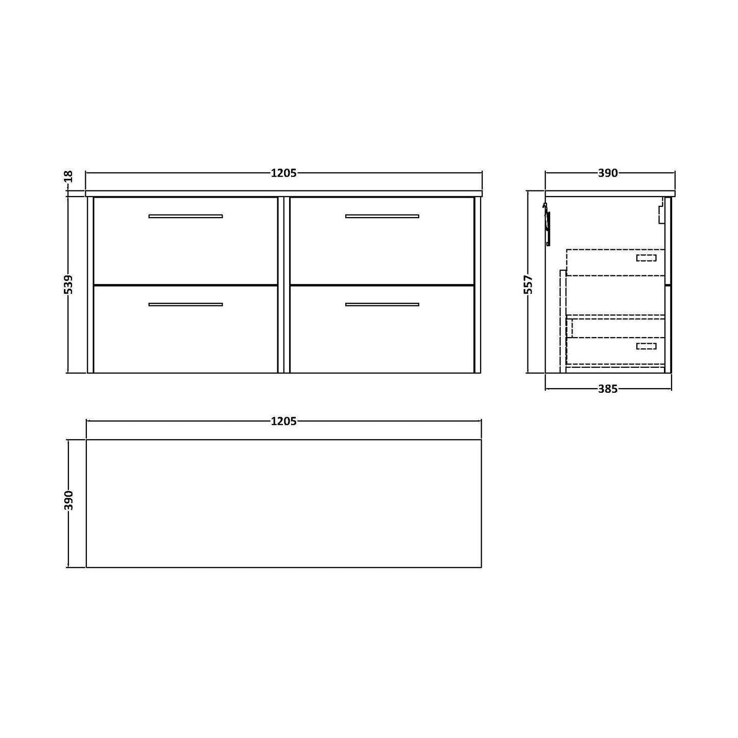 [BFPF2324W2] Winshill Contemporary 4 Drawer Wall Hung Vanity Unit with Worktop, Grey, 1200mm - Technical Drawing