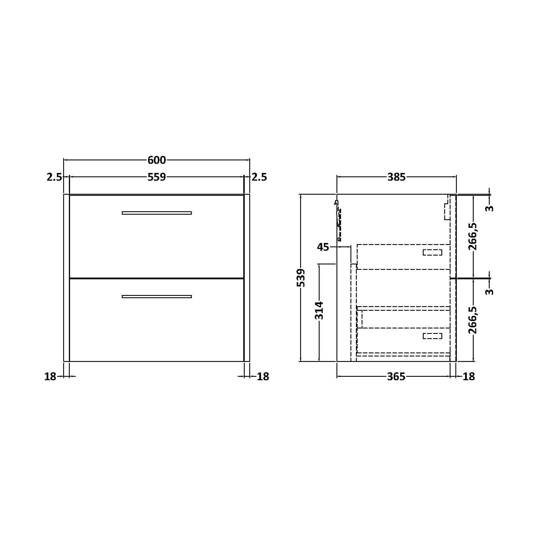 [BFPF2324] Winshill Wall Hung Vanity Unit - 600mm - Technical Drawing