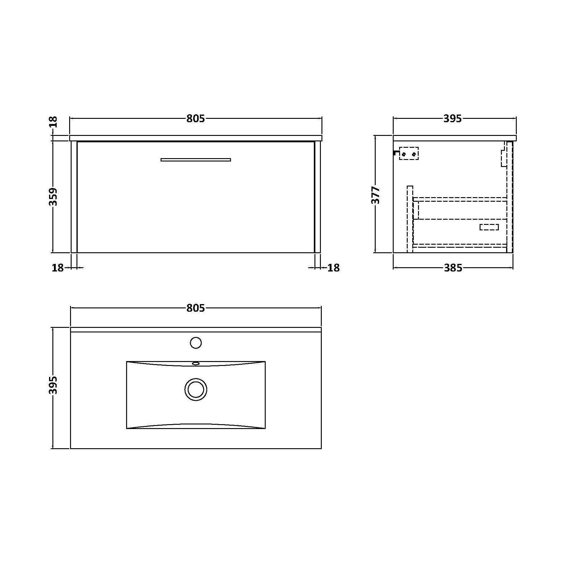 [BFPF2325B] Winshill Contemporary 1 Drawer Wall Hung Vanity Unit with Minimalist Basin, Grey, 800mm - Technical Drawing