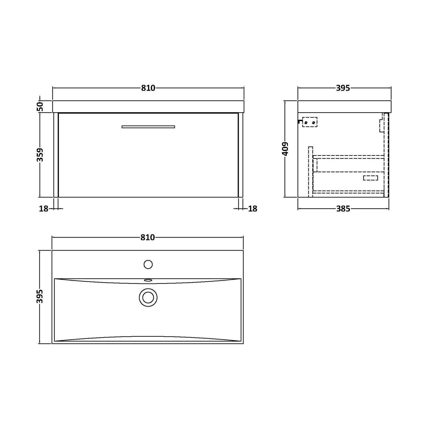 [BFPF2325D] Winshill Contemporary 1 Drawer Wall Hung Vanity Unit with Thin Edge Basin, Grey, 800mm - Technical Drawing