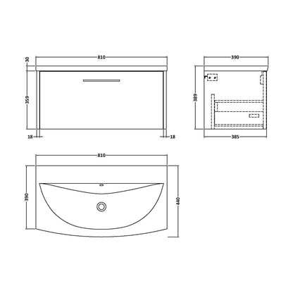 [BFPF2325G] Winshill Contemporary 1 Drawer Wall Hung Vanity Unit with Curved Basin, Grey, 800mm - Technical Drawing