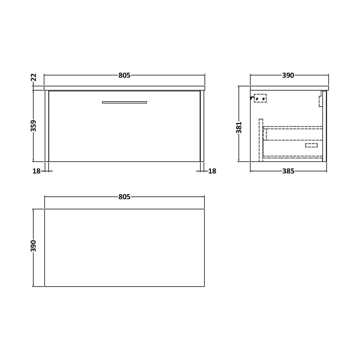 [BFPF2325LCM] Winshill Contemporary Wall Hung Vanity Unit with Laminate Worktop, Grey, 800mm - Technical Drawing