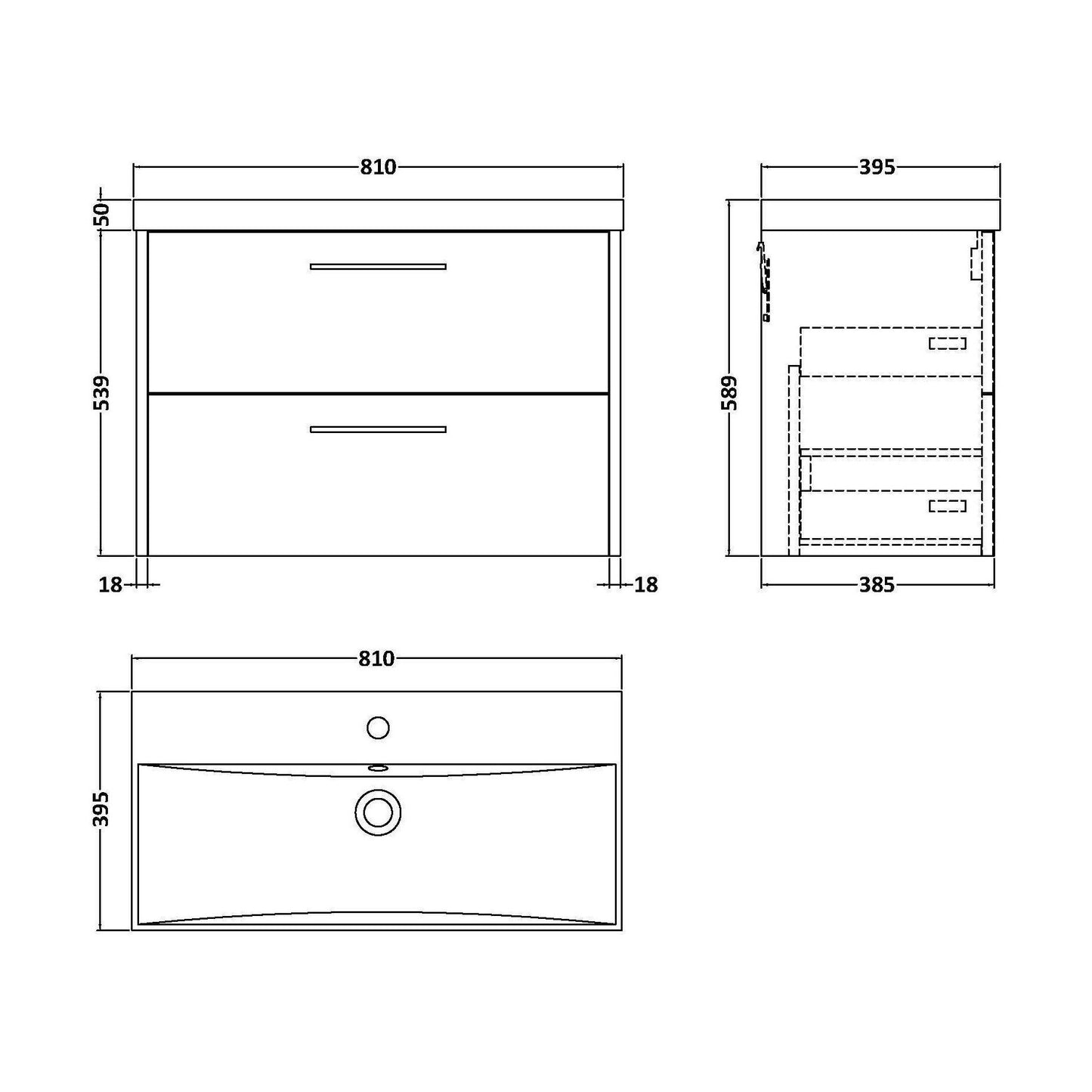 [BFPF2326D] Winshill Contemporary 2 Drawer Wall Hung Vanity Unit with Thin Edge Basin, Grey, 800mm - Technical Drawing