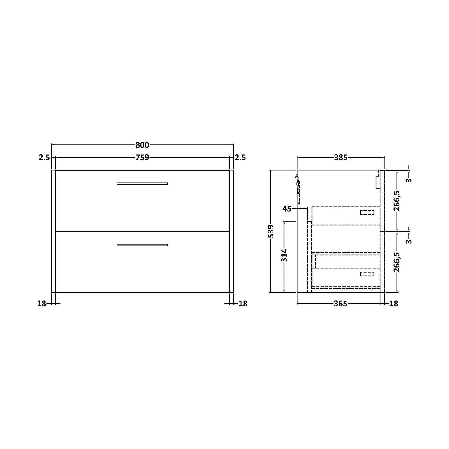 [BFPF2326] Winshill Wall Hung Vanity Unit - 800mm - Technical Drawing