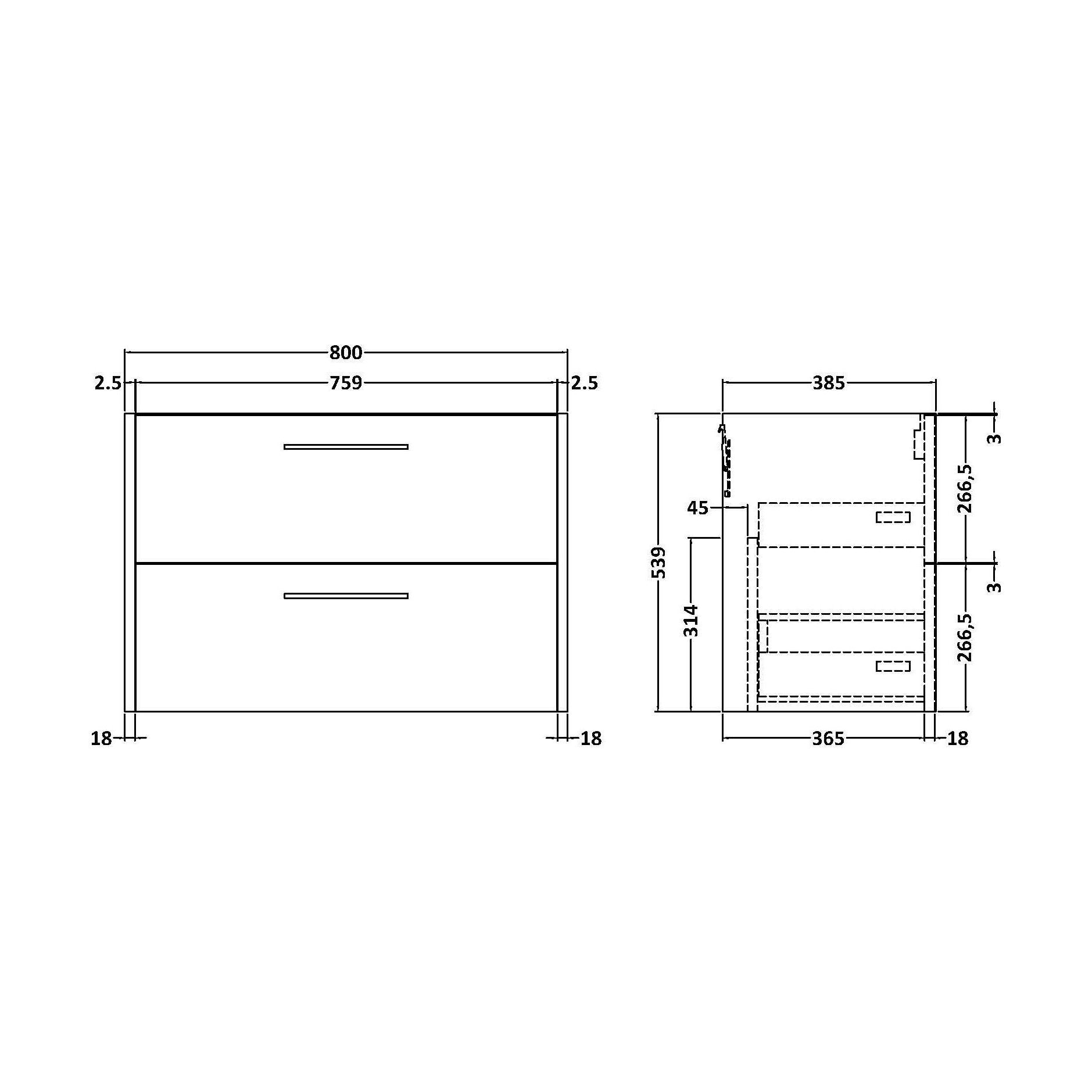 [BFPF2326] Winshill Wall Hung Vanity Unit - 800mm - Technical Drawing
