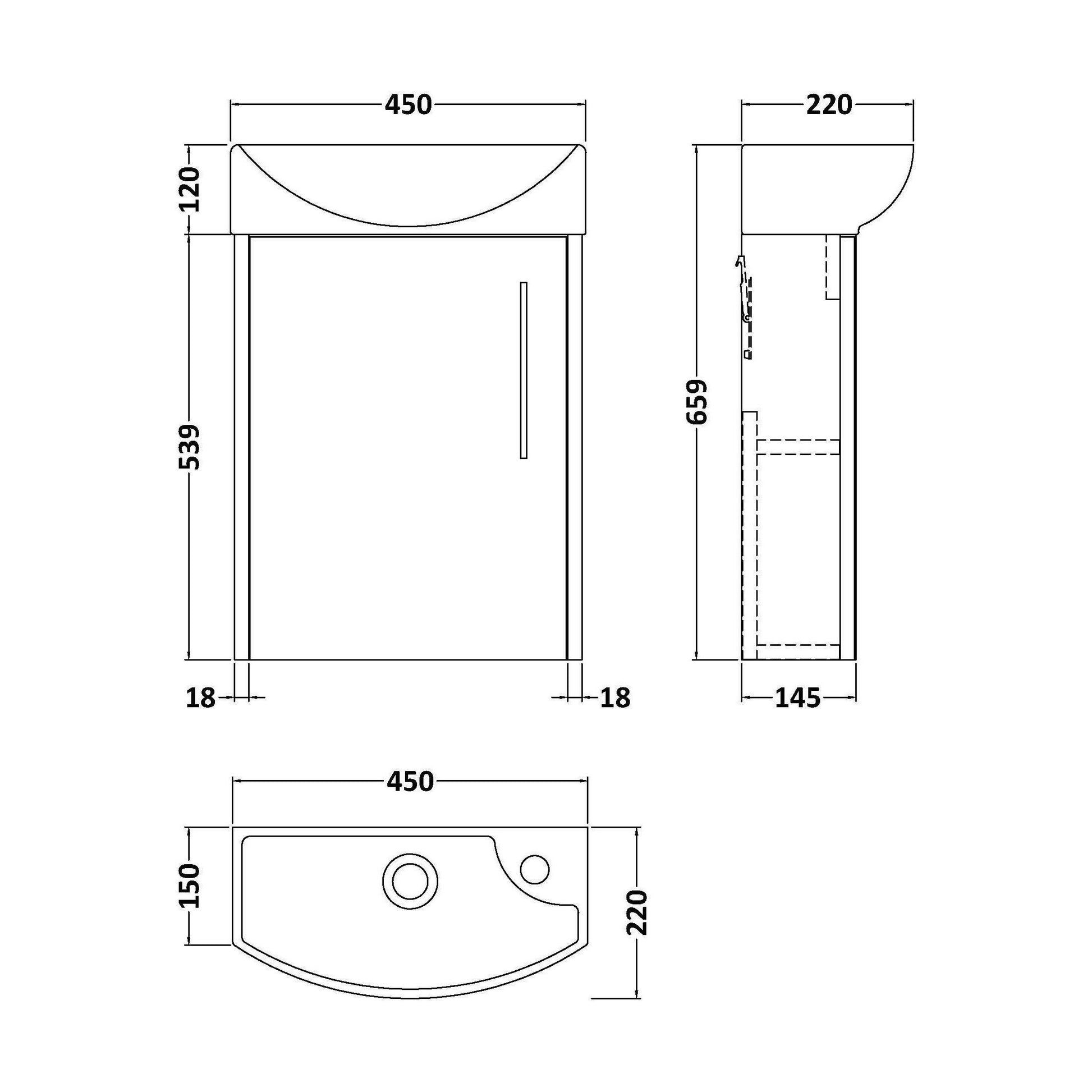[BFPF2361L] Winshill Contemporary 1 Door Left-Hand Wall Hung Cloakroom Vanity Unit with Basin, Grey, 440mm - Technical Drawing