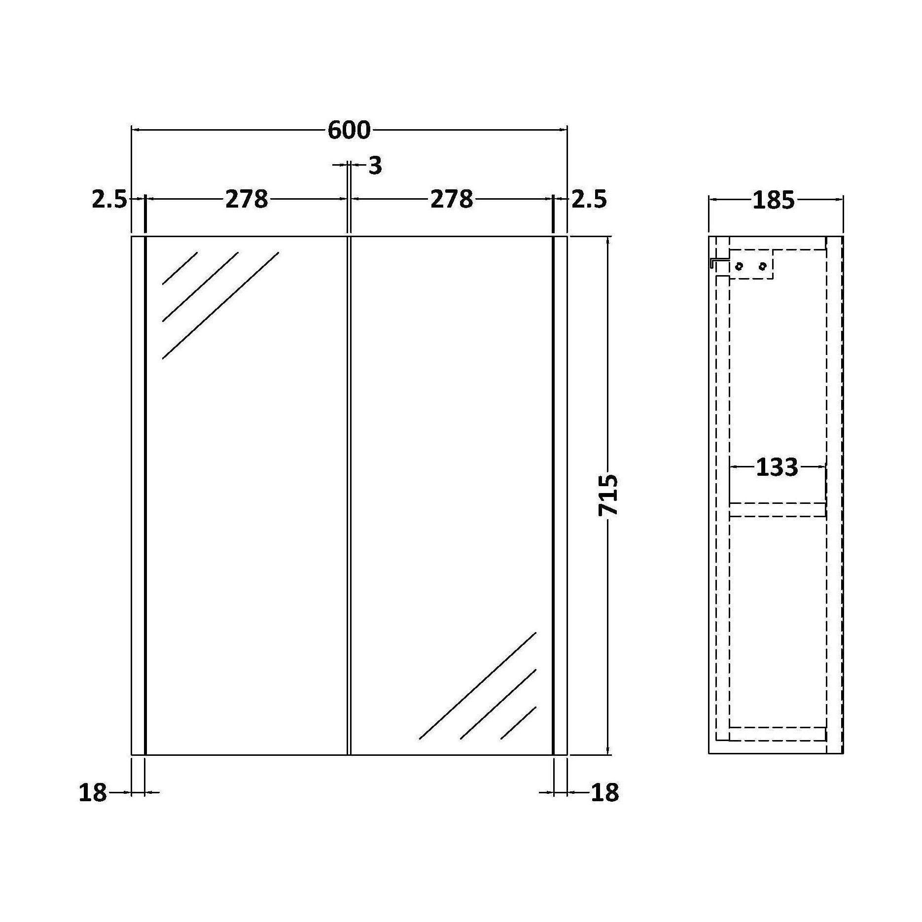 [BFPF2617] Winshill Mirror - Metallic Slate - 600mm - Technical Drawing