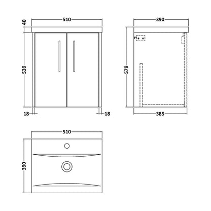 [BFPF2621A] Winshill Contemporary 2 Door Wall Hung Vanity Unit with Mid-Edge Basin, Metallic Slate, 500mm - Technical Drawing