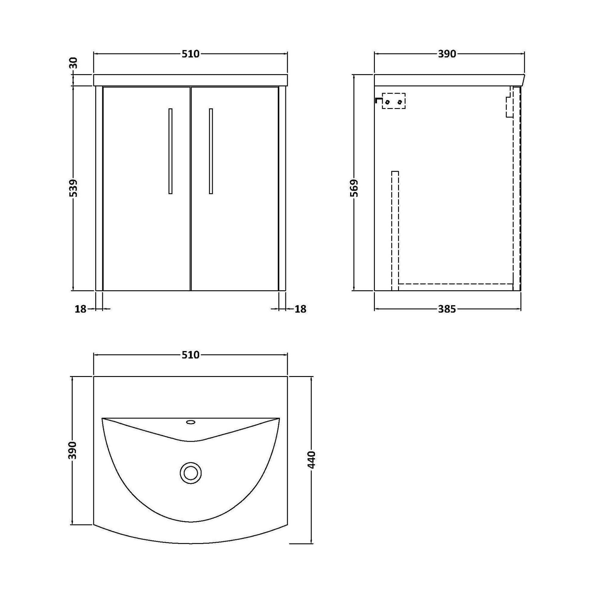 [BFPF2621G] Winshill Contemporary 2 Door Wall Hung Vanity Unit with Curved Basin, Metallic Slate, 500mm - Technical Drawing