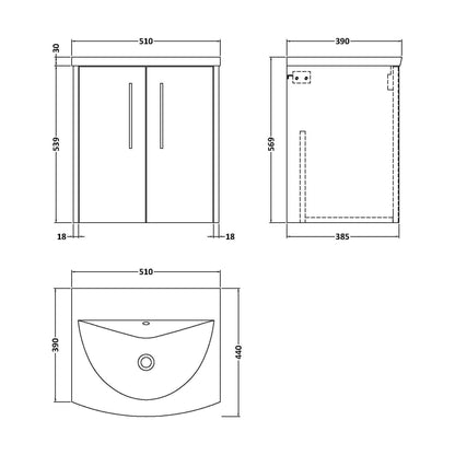 [BFPF2621G] Winshill Contemporary 2 Door Wall Hung Vanity Unit with Curved Basin, Metallic Slate, 500mm - Technical Drawing