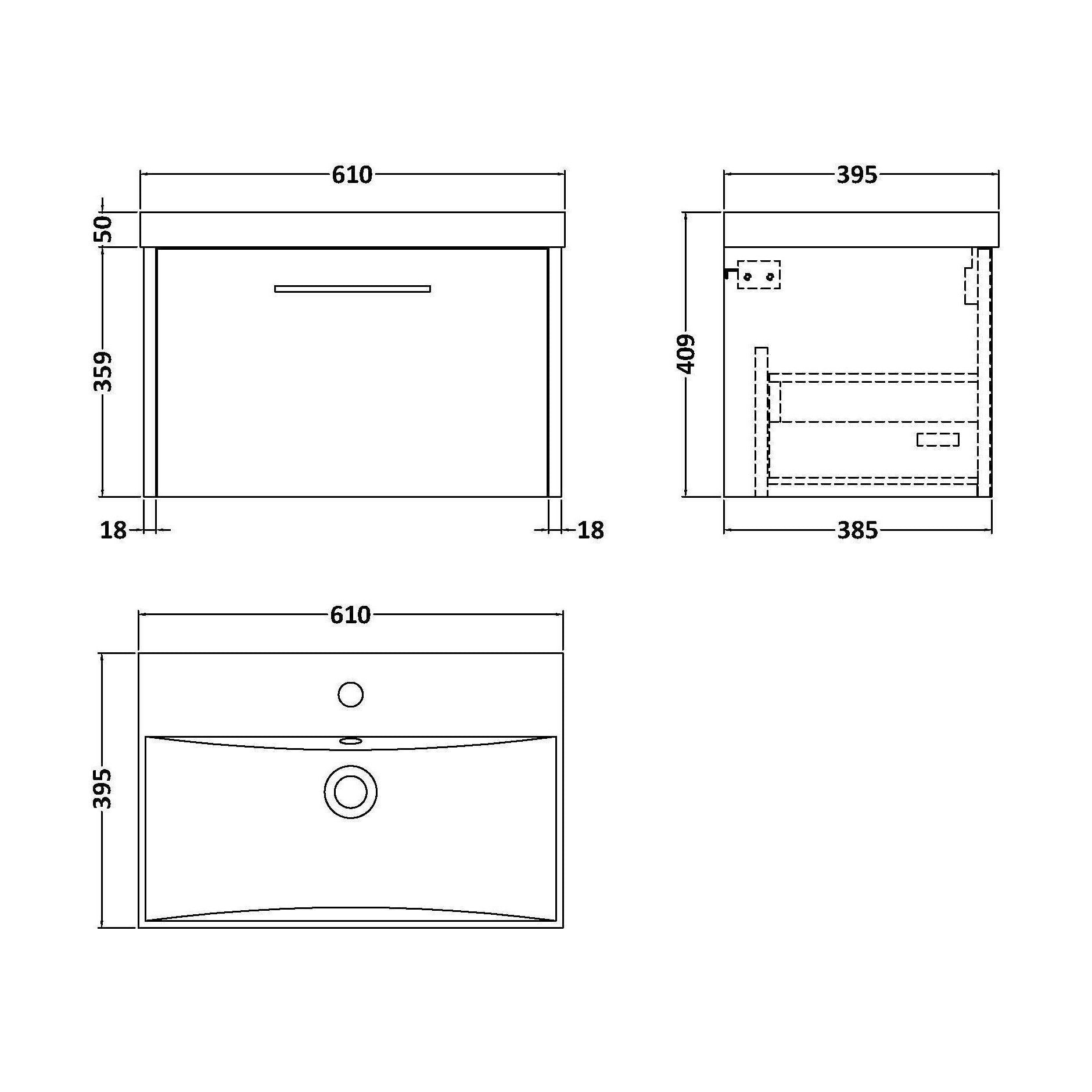 [BFPF2622D] Winshill Contemporary 1 Drawer Wall Hung Vanity Unit with Thin Edge Basin, Metallic Slate, 600mm - Technical Drawing
