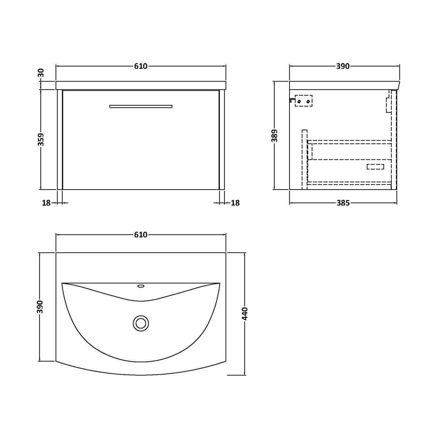 [BFPF2622G] Winshill Contemporary 1 Drawer Wall Hung Vanity Unit with Curved Basin, Metallic Slate, 600mm - Technical Drawing