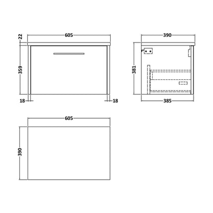 [BFPF2622LBG] Winshill Contemporary Wall Hung Vanity Unit with Laminate Worktop, Woodgrain Dark Grey, 600mm - Technical Drawing