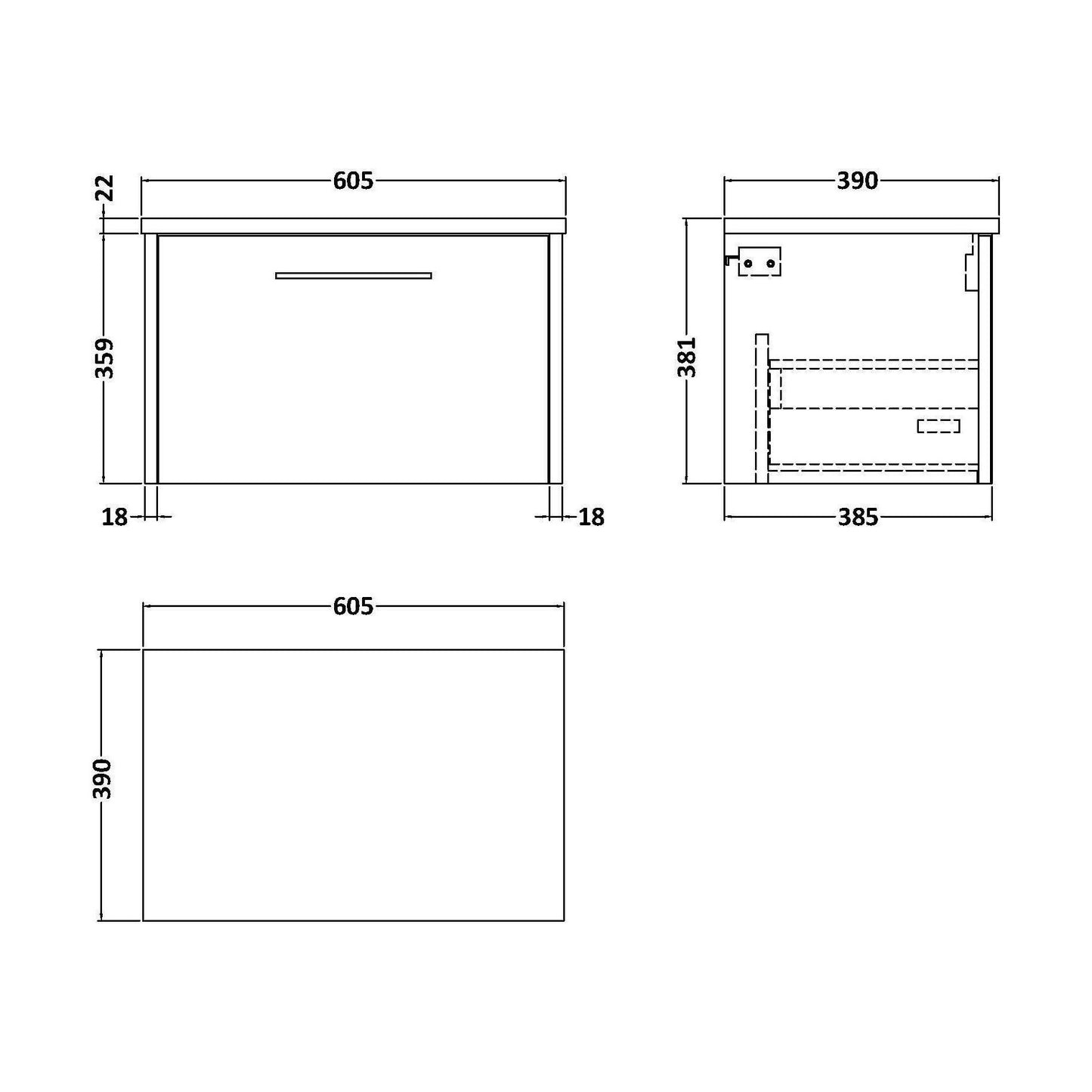 [BFPF2622LCM] Winshill Contemporary 1 Drawer Wall Hung Vanity Unit with Laminate Worktop, Metallic Slate, 600mm - Technical Drawing
