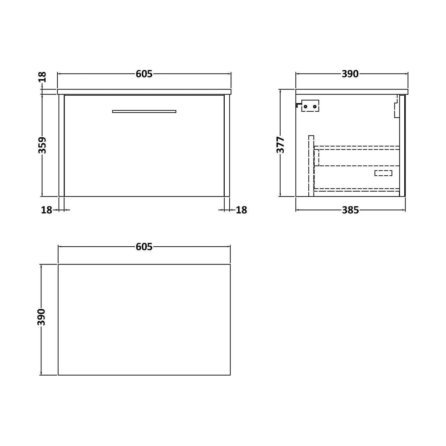 [BFPF2622W] Winshill Contemporary 1 Drawer Wall Hung Vanity Unit with Worktop, 600mm - Technical Drawing