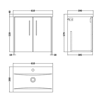 [BFPF2623A] Winshill Contemporary 2 Door Wall Hung Vanity Unit with Mid-Edge Basin, Metallic Slate, 600mm - Technical Drawing