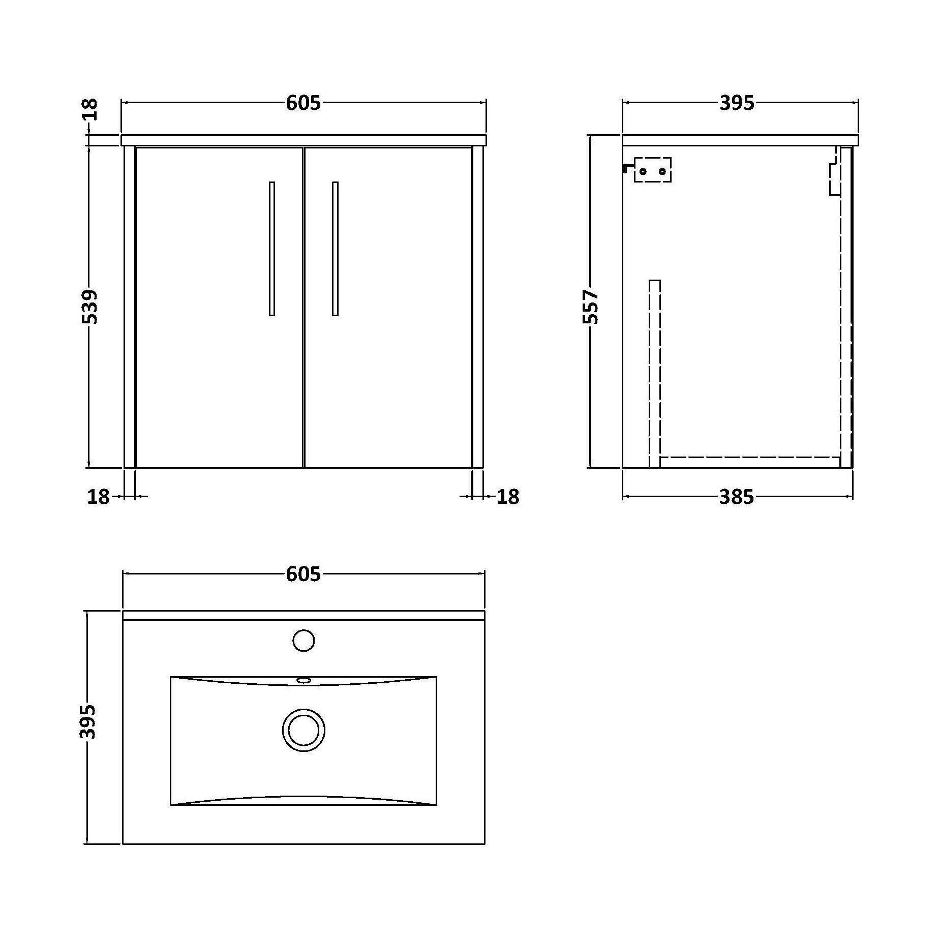 [BFPF2623B] Winshill Contemporary 2 Door Wall Hung Vanity Unit with Minimalist Basin, Metallic Slate, 600mm - Technical Drawing