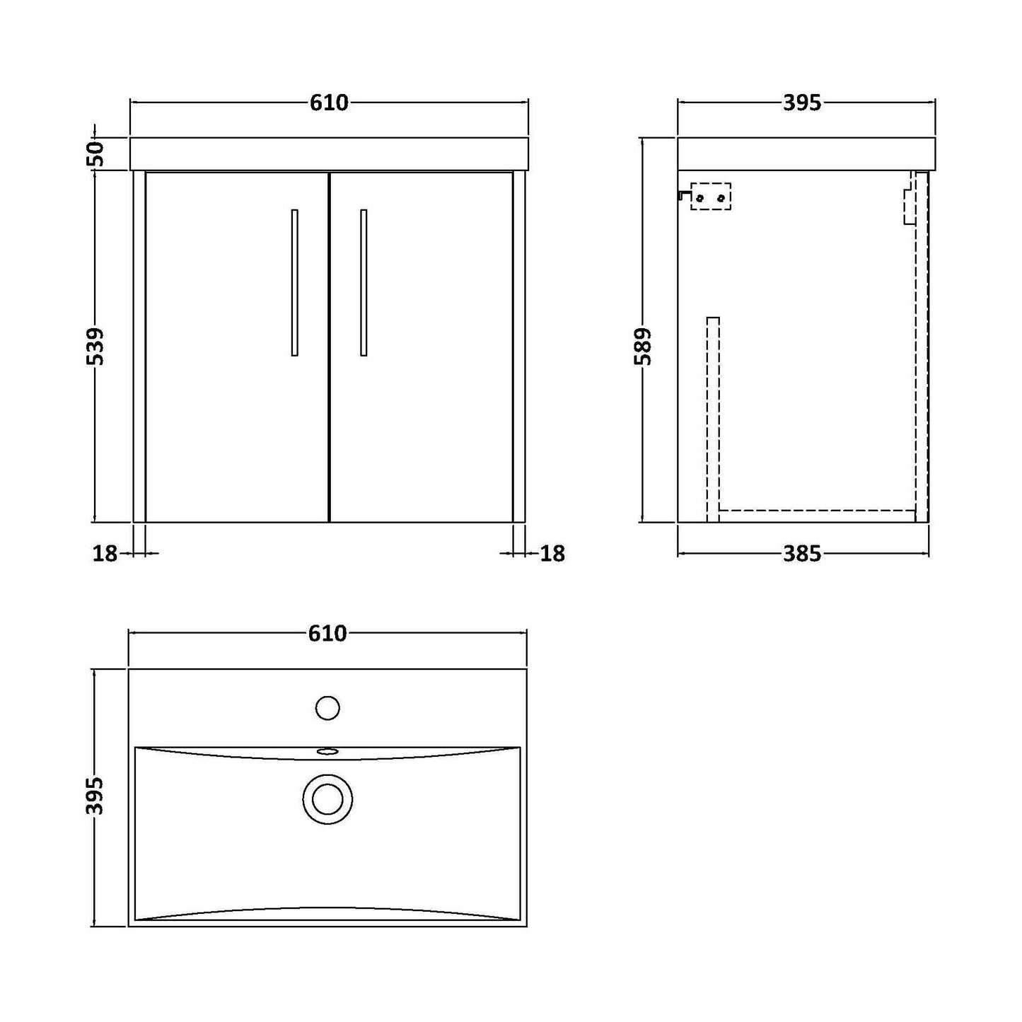 [BFPF2623D] Winshill Contemporary 2 Door Wall Hung Vanity Unit with Thin Edge Basin, Metallic Slate, 600mm - Technical Drawing
