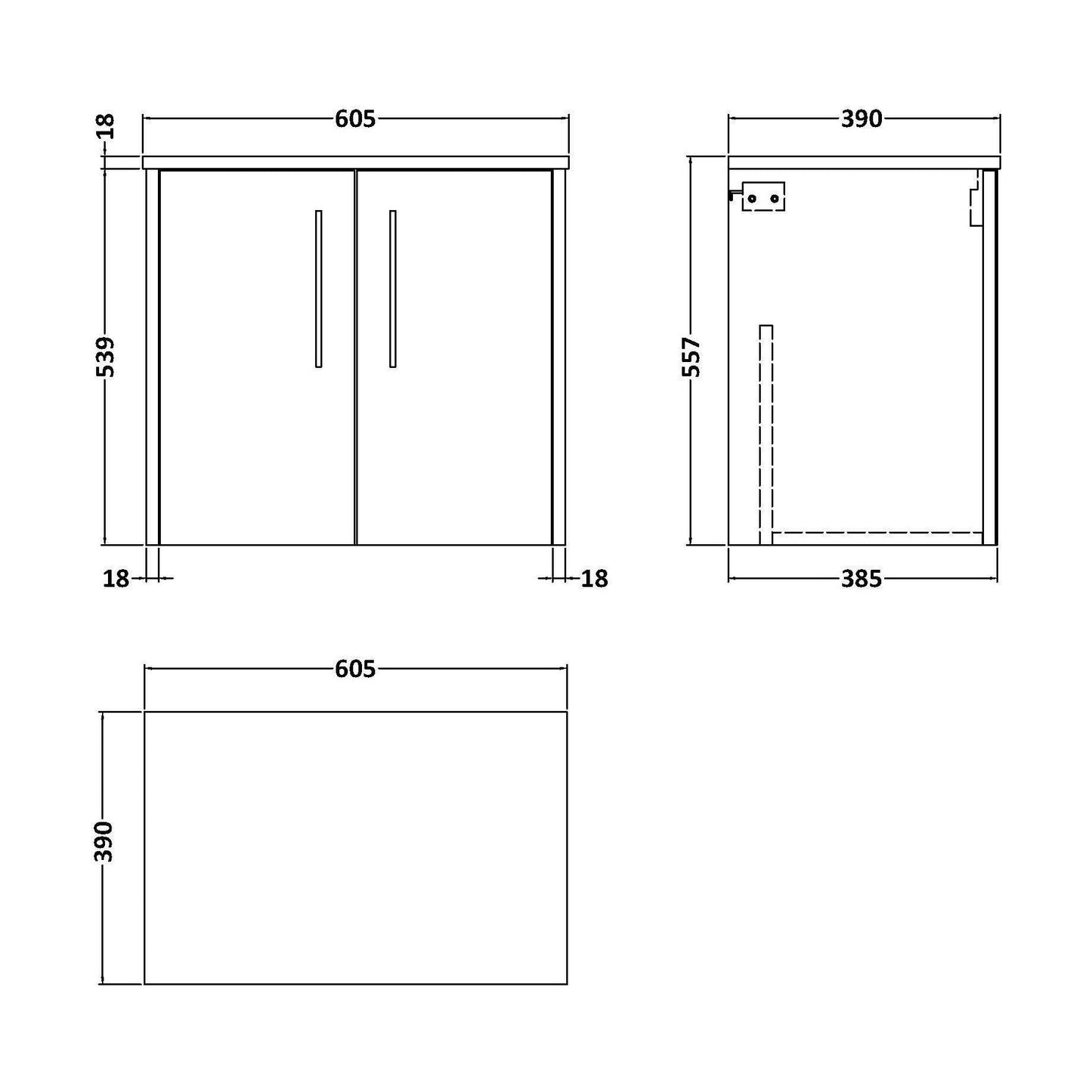 [BFPF2623W] Winshill Contemporary Wall Hung Vanity Unit with Worktop, Metallic Slate, 600mm - Technical Drawing