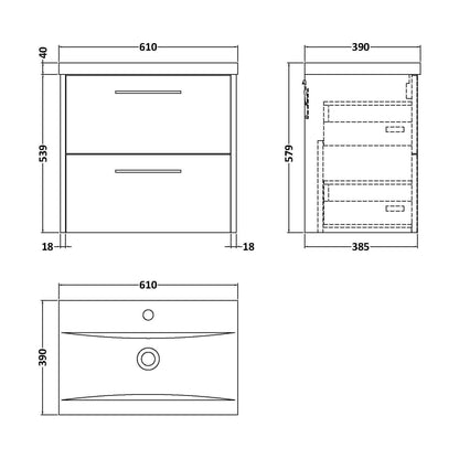 [BFPF2624A] Winshill Contemporary 2 Drawer Wall Hung Vanity Unit with Mid-Edge Basin, Metallic Slate, 600mm - Technical Drawing