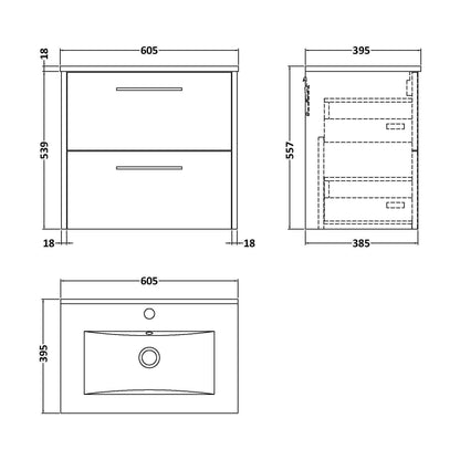 [BFPF2624B] Winshill Contemporary 2 Drawer Wall Hung Vanity Unit with Minimalist Basin, Metallic Slate, 600mm - Technical Drawing
