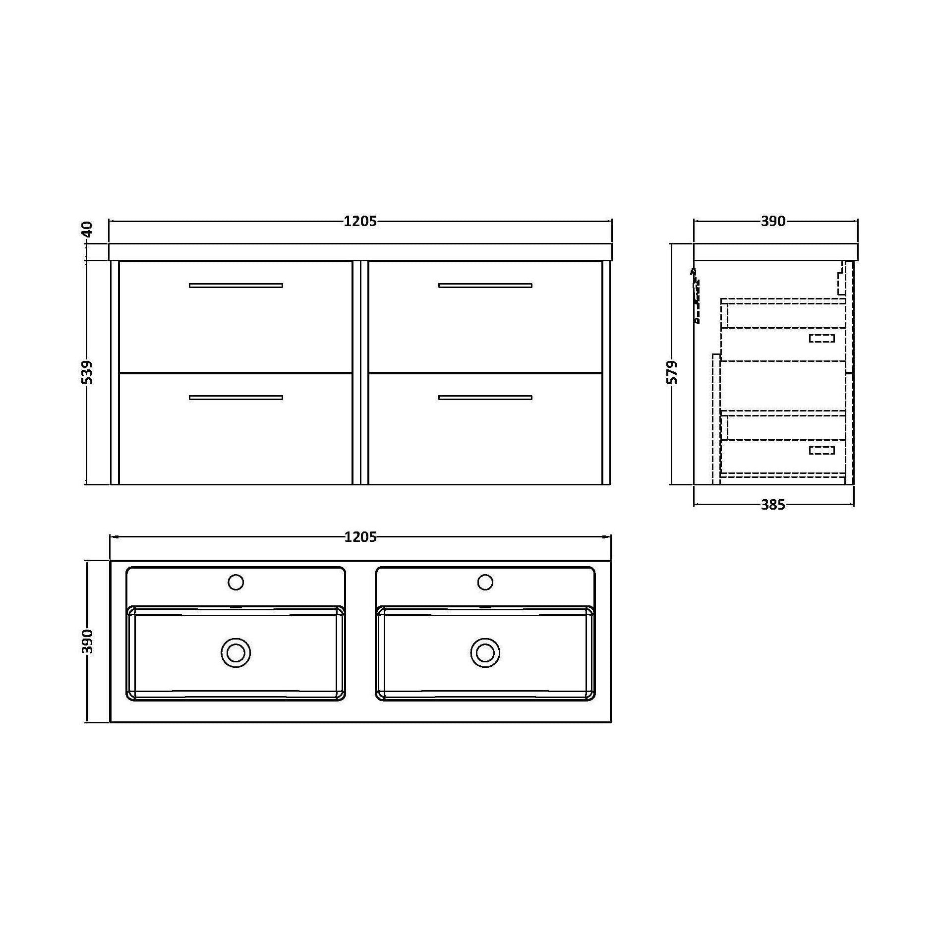 [BFPF2624C] Winshill Contemporary 4 Drawer Wall Hung Vanity Unit with Double Basin, Metallic Slate, 1200mm - Technical Drawing