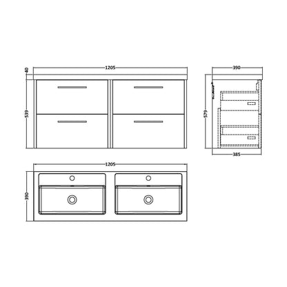 [BFPF2624C] Winshill Contemporary 4 Drawer Wall Hung Vanity Unit with Double Basin, Metallic Slate, 1200mm - Technical Drawing