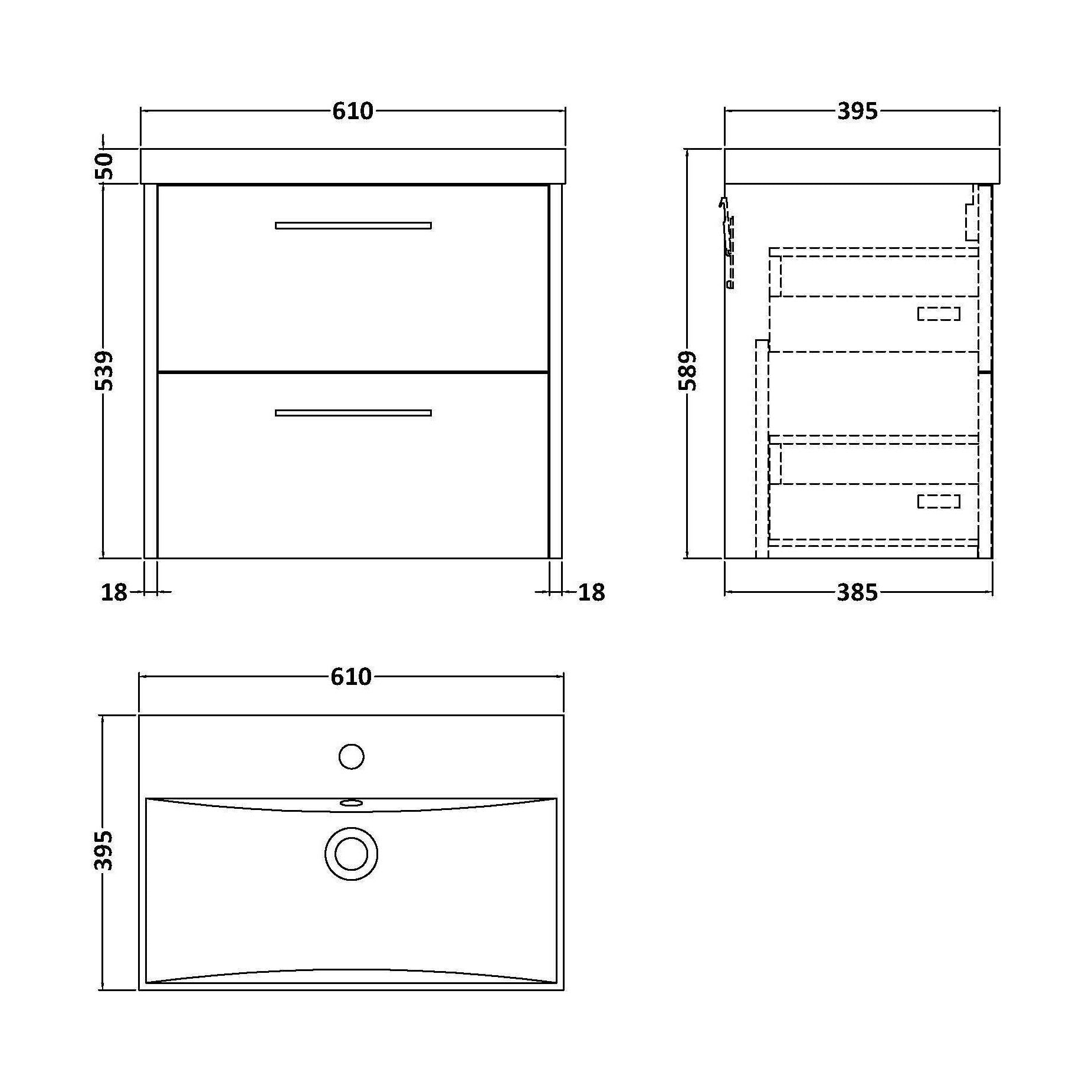 [BFPF2624D] Winshill Contemporary 2 Drawer Wall Hung Vanity Unit with Thin Edge Basin, Metallic Slate, 600mm - Technical Drawing