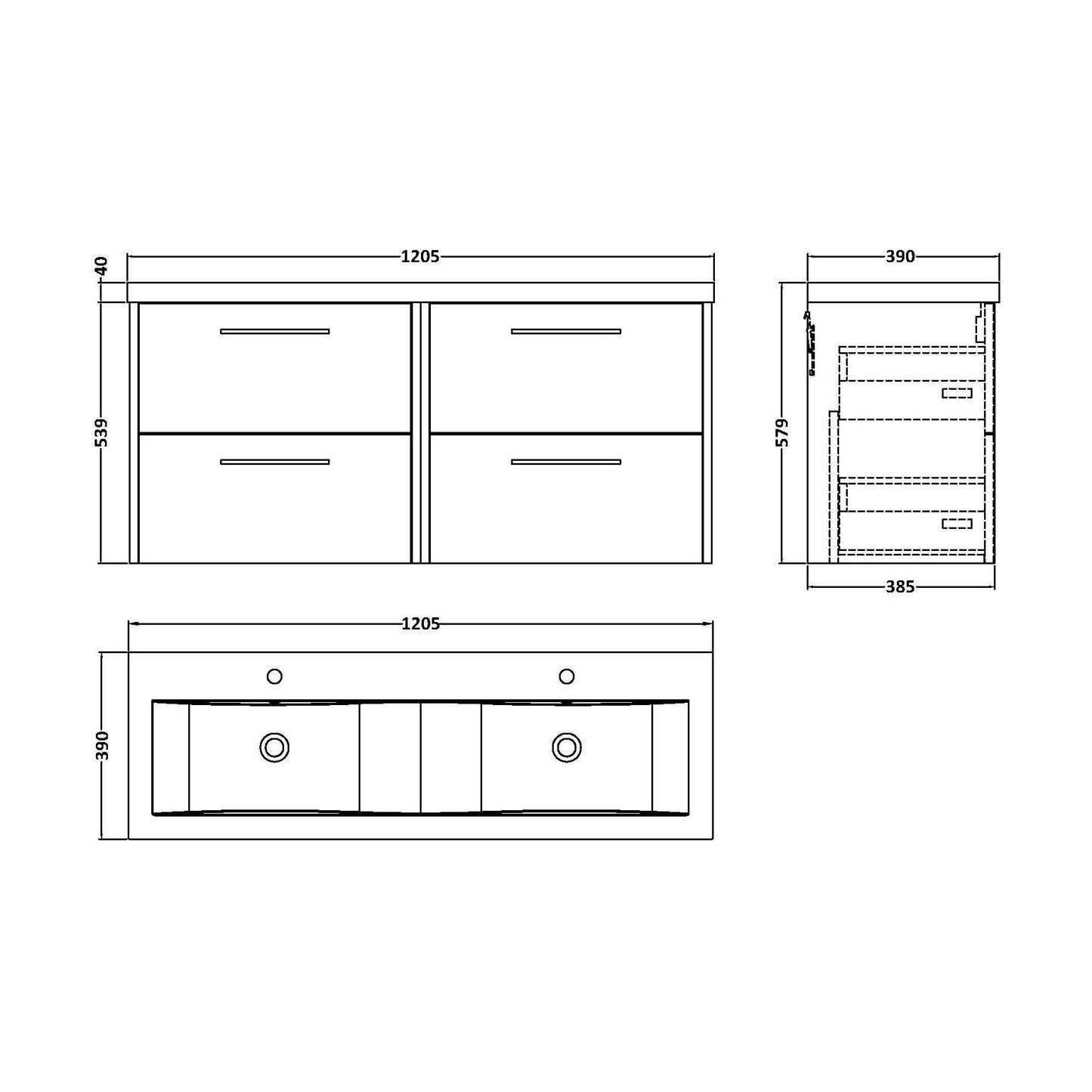 [BFPF2624F] Winshill Contemporary 4 Drawer Wall Hung Vanity Unit with Double Basin, Metallic Slate, 1200mm - Technical Drawing