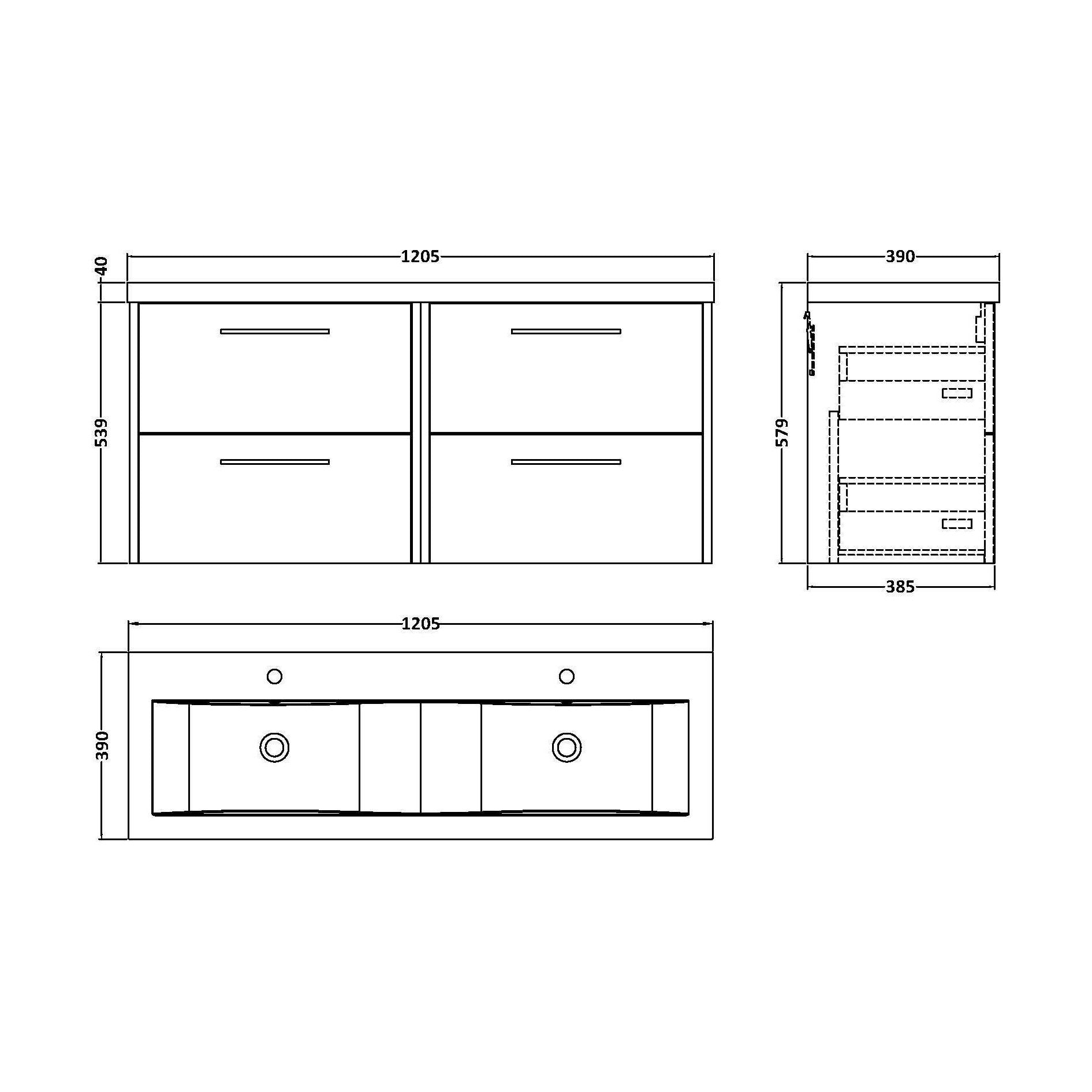[BFPF2624F] Winshill Contemporary 4 Drawer Wall Hung Vanity Unit with Double Basin, Metallic Slate, 1200mm - Technical Drawing