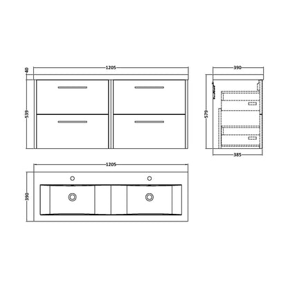 [BFPF2624F] Winshill Contemporary 4 Drawer Wall Hung Vanity Unit with Double Basin, Metallic Slate, 1200mm - Technical Drawing