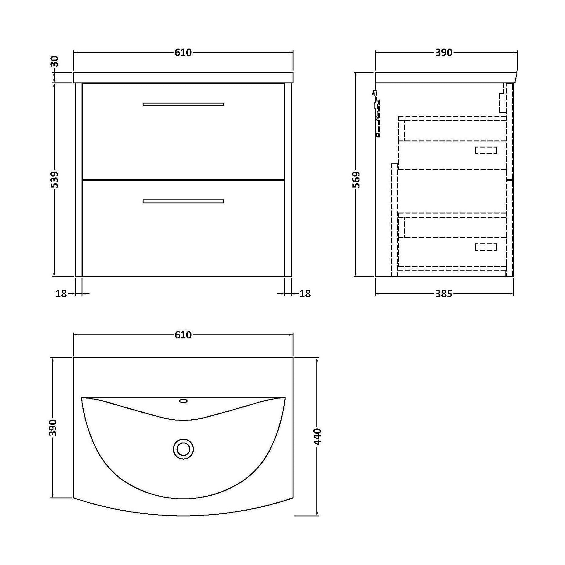 [BFPF2624G] Winshill Contemporary 2 Drawer Wall Hung Vanity Unit with Curved Basin, Metallic Slate, 600mm - Technical Drawing