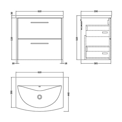 [BFPF2624G] Winshill Contemporary 2 Drawer Wall Hung Vanity Unit with Curved Basin, Metallic Slate, 600mm - Technical Drawing
