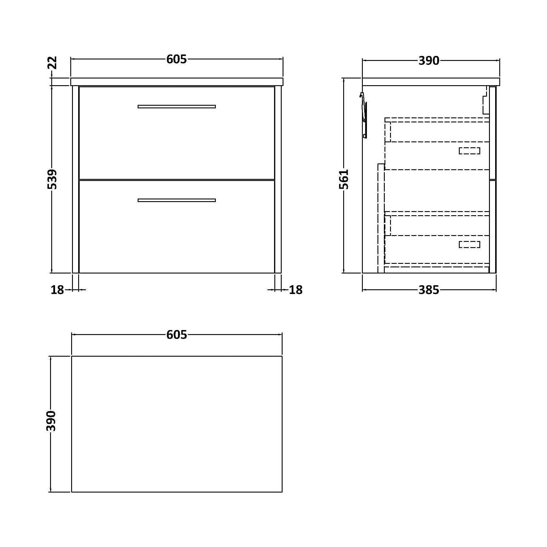 [BFPF2624LCM] Winshill Contemporary 2 Drawer Wall Hung Vanity Unit with Laminate Worktop, 600mm - Technical Drawing