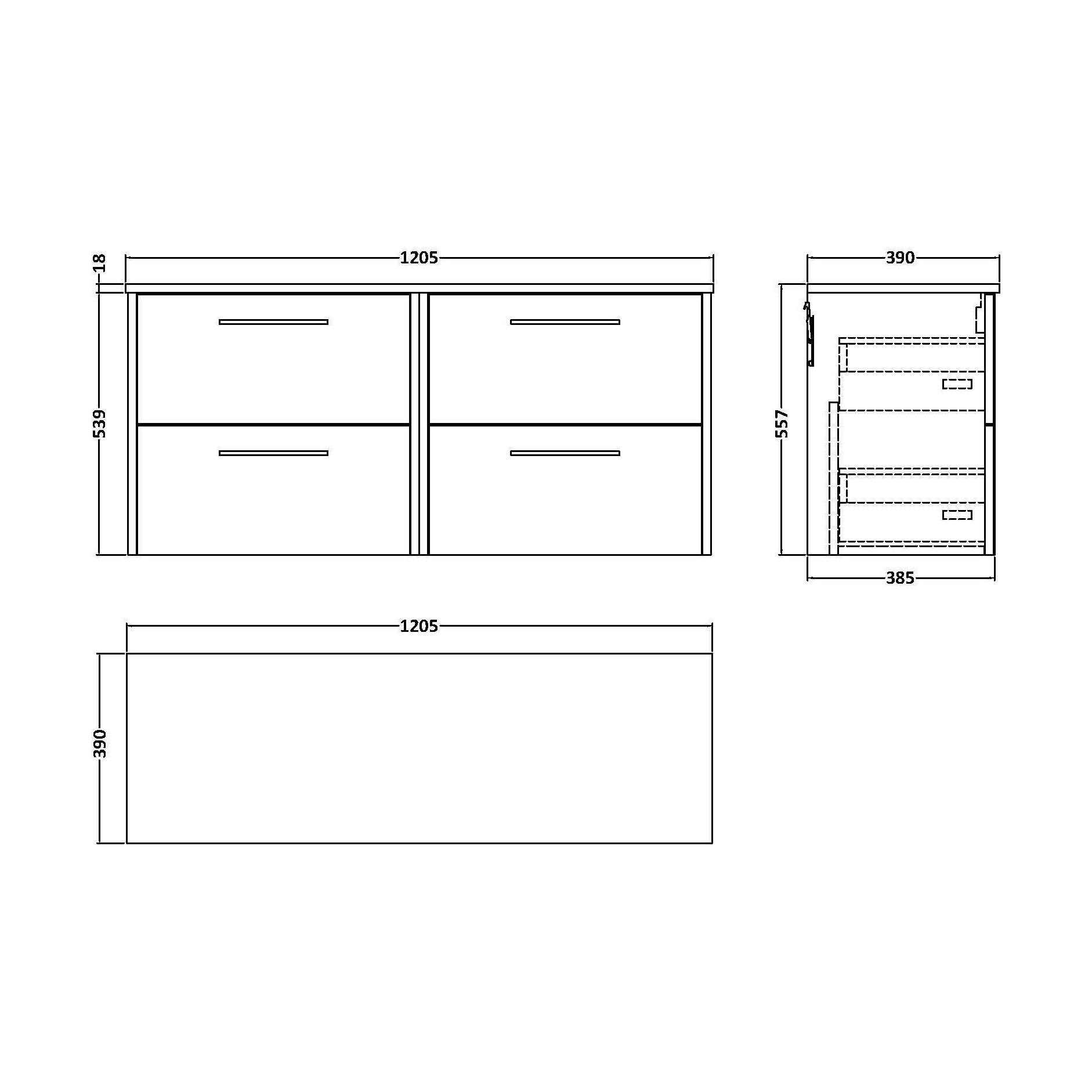 [BFPF2624W2] Winshill Contemporary 4 Drawer Wall Hung Vanity Unit with Worktop, Metallic Slate, 1200mm - Technical Drawing