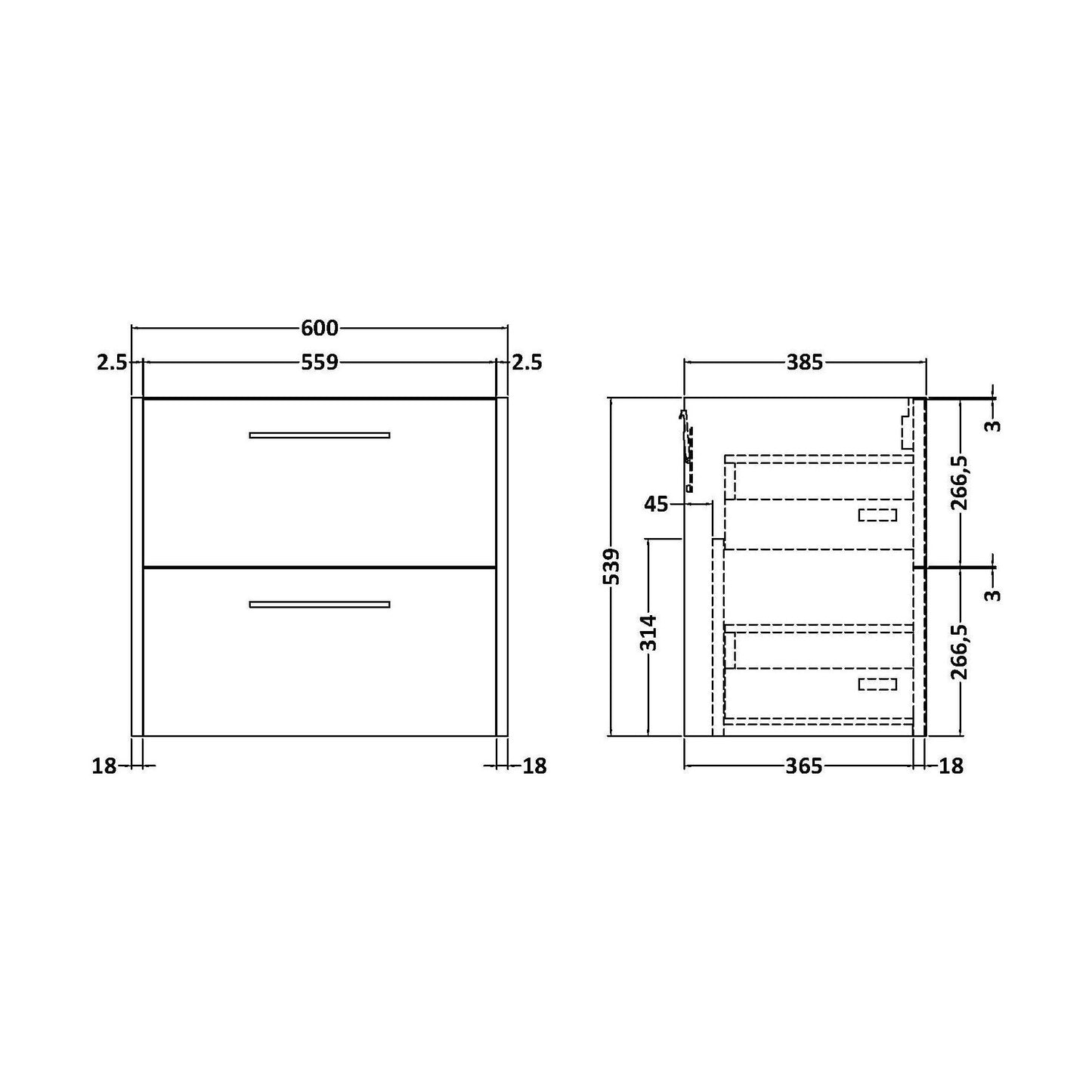 [BFPF2624] Winshill Wall Hung 2 Drawer Vanity Unit - 385mm - Technical Drawing